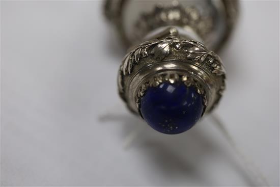 A 19th century French? white metal and lapis lazuli mounted rock crystal? scent bottle and glass stopper, gross weight 58.8 grams.